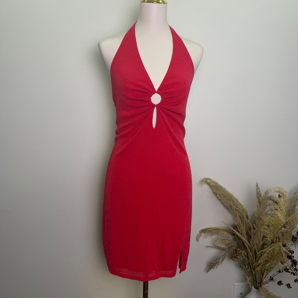 Wild Fable Dress Size Large Red Glitter O Ring Bodycon Halter Dress NWT